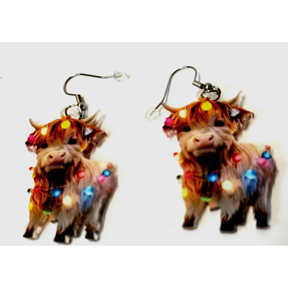 Highland Cow Christmas‎ Lights Dangle Earrings Women Holiday Acrylic Jewelry